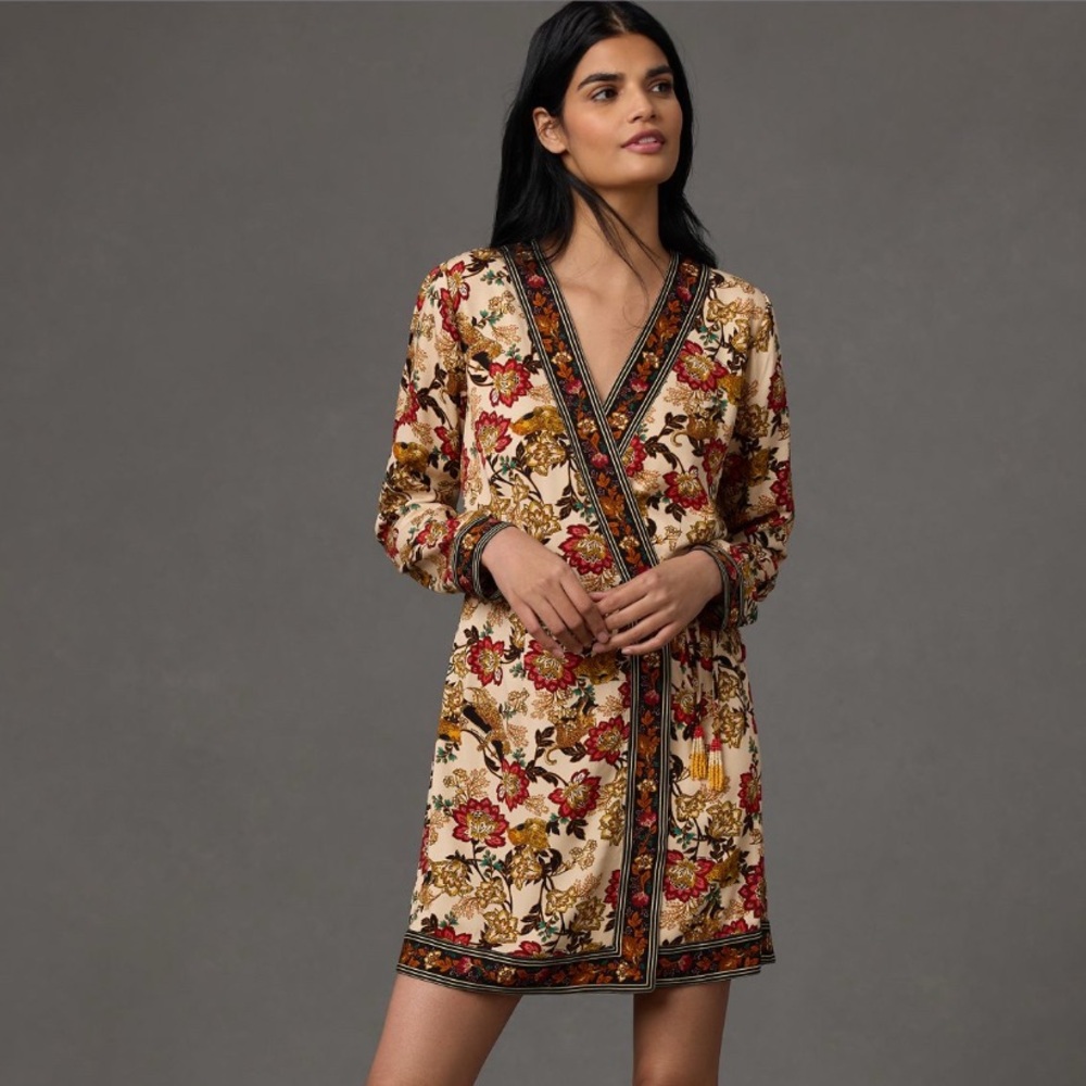 NWT FARM Rio Long Sleeve Printed Mini Wrap Dress - XS